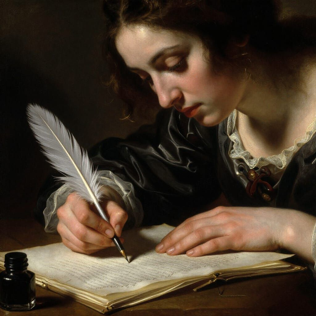 Baroque Painterly Portrait of a Focused Female Writer