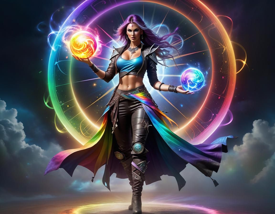 Powerful Sorceress with Rainbow Magic Staff