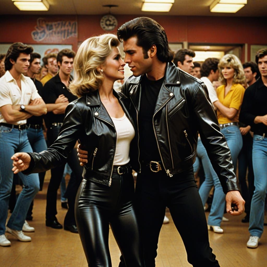 Energetic Dance Scene in 1970s Style with Olivia Newton-John...