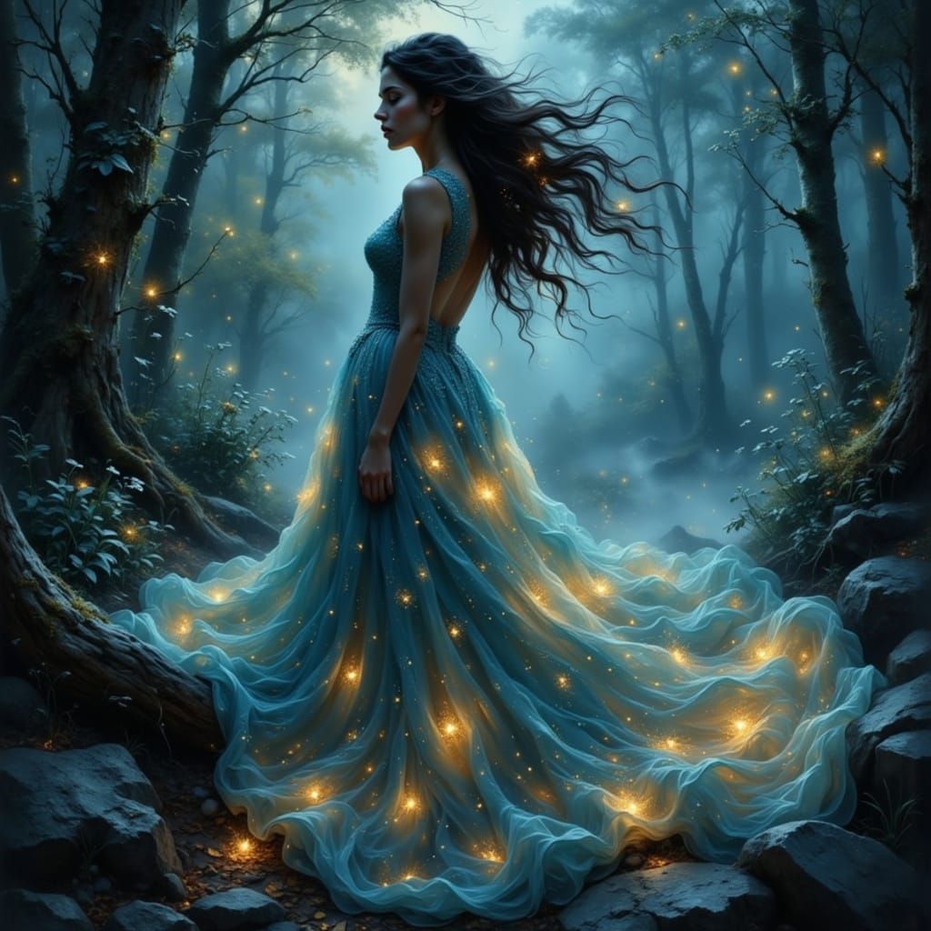 Ethereal Woman in Silk, Enchanted Forest Scene