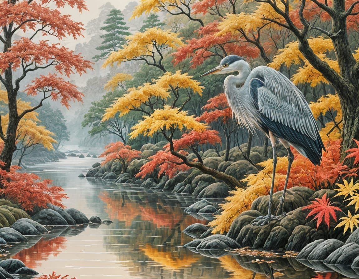 Intricate Embroidered Heron in Misty Autumn Japanese Scene
