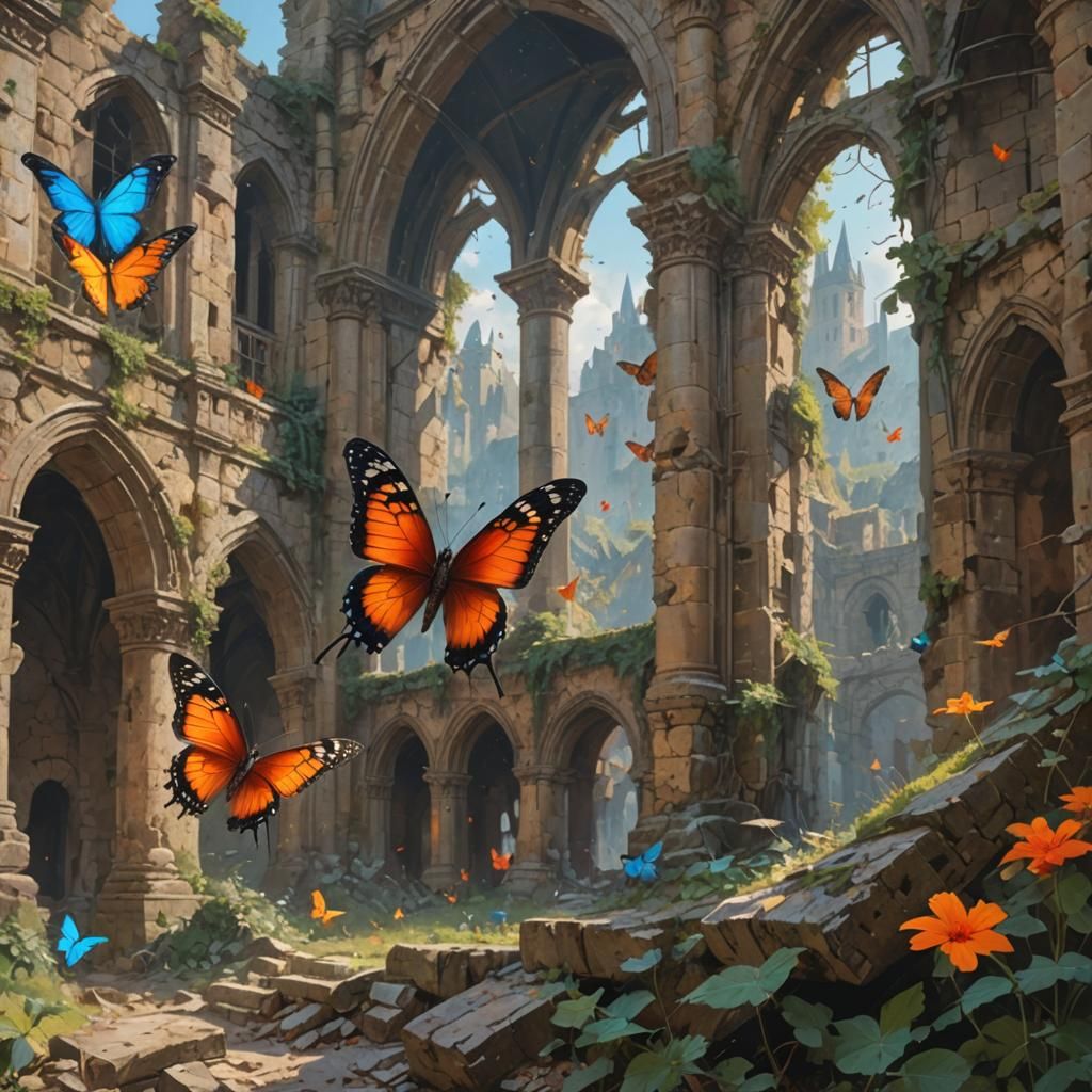 Butterfly in Medieval Ruins: Detailed Digital Painting