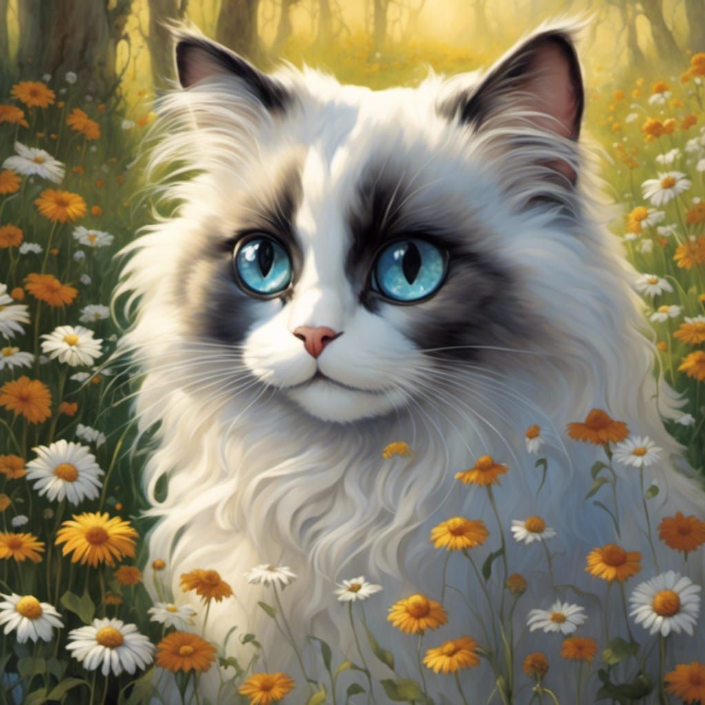 Ragdoll Cat with Prismatic Eyes in Daisy Meadow