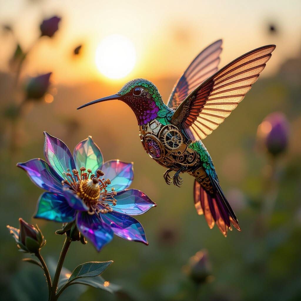 Clockwork Hummingbird and Stained Glass Flower, Surreal Art