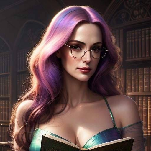 Iridescent Portrait of Woman in Library, Hyperrealistic