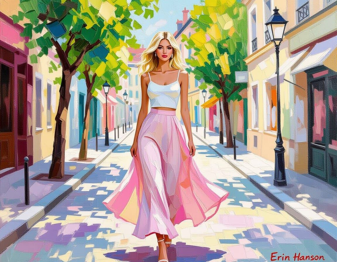 Impasto Painting of Woman in Pink Skirt on Louis XVI Street