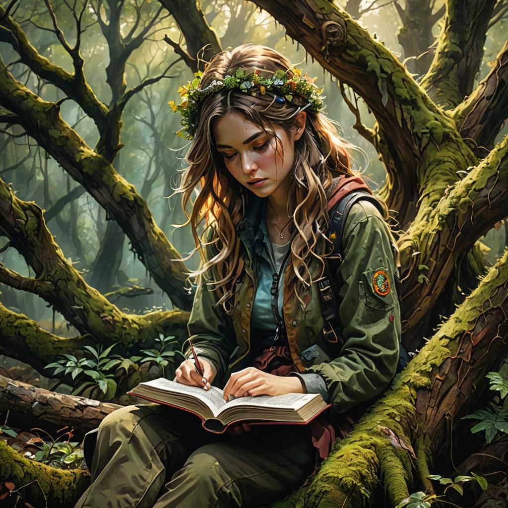 Tree Girl Reading Book in Hyper-Realistic Splash Art