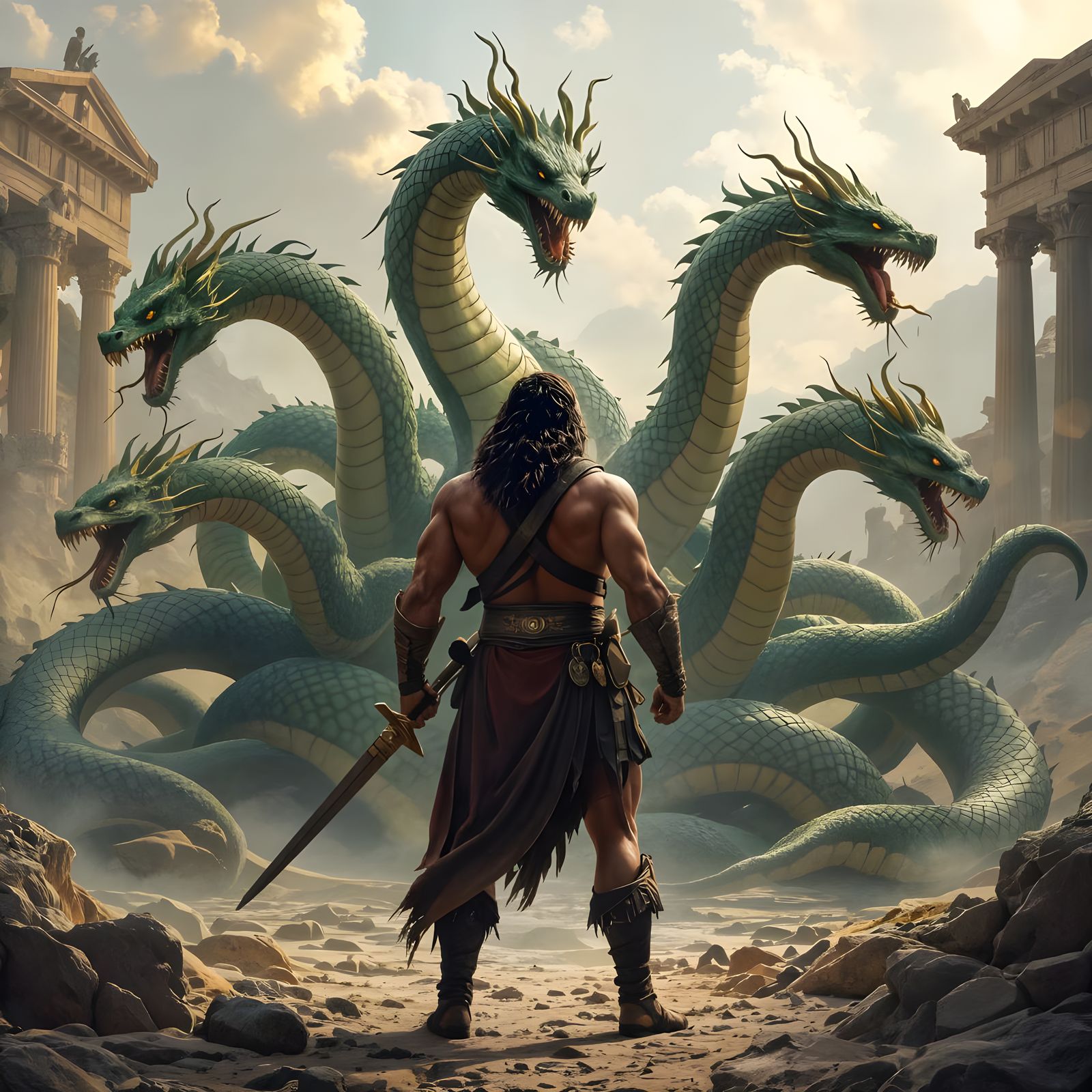 Hercules Confronts the Hydra in Mythic Battle