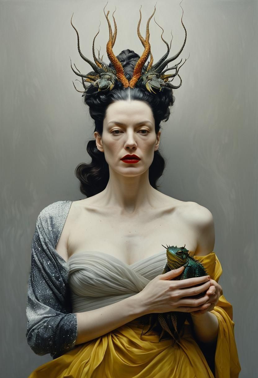 Exotic Woman with Alien Shoulder Pet, Hyperrealism