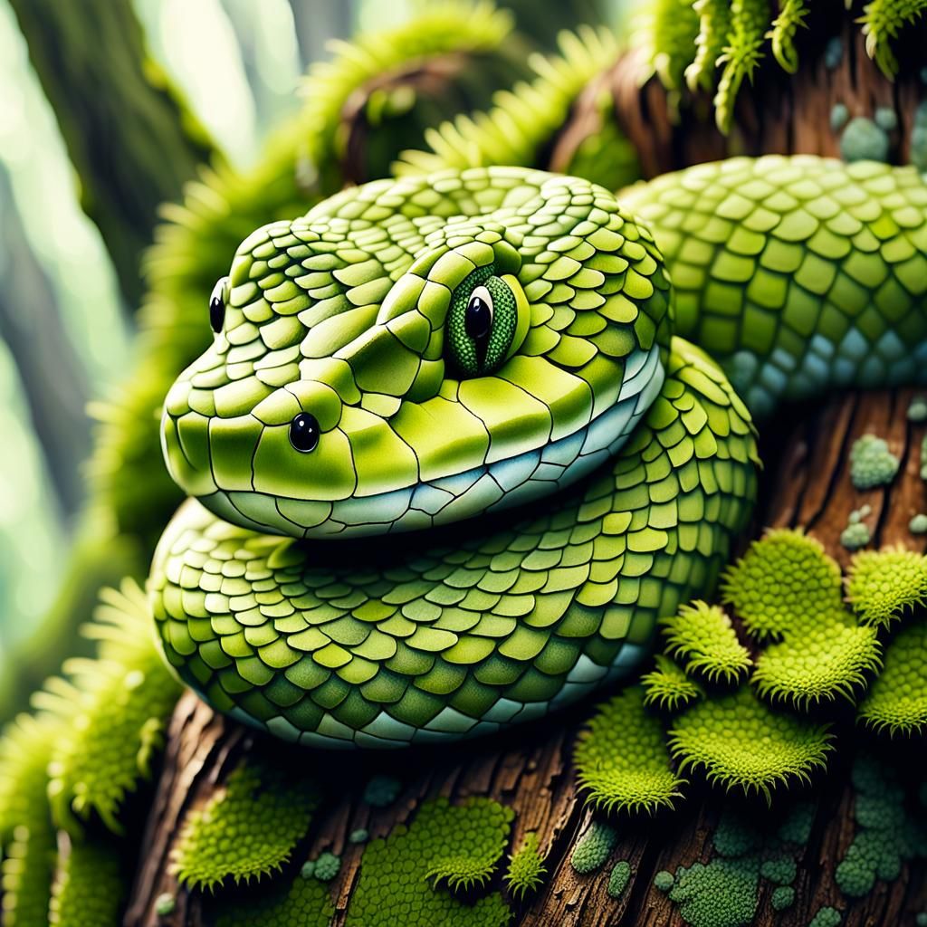 Moss Snake Portrait: Whimsical Green Forest Illustration