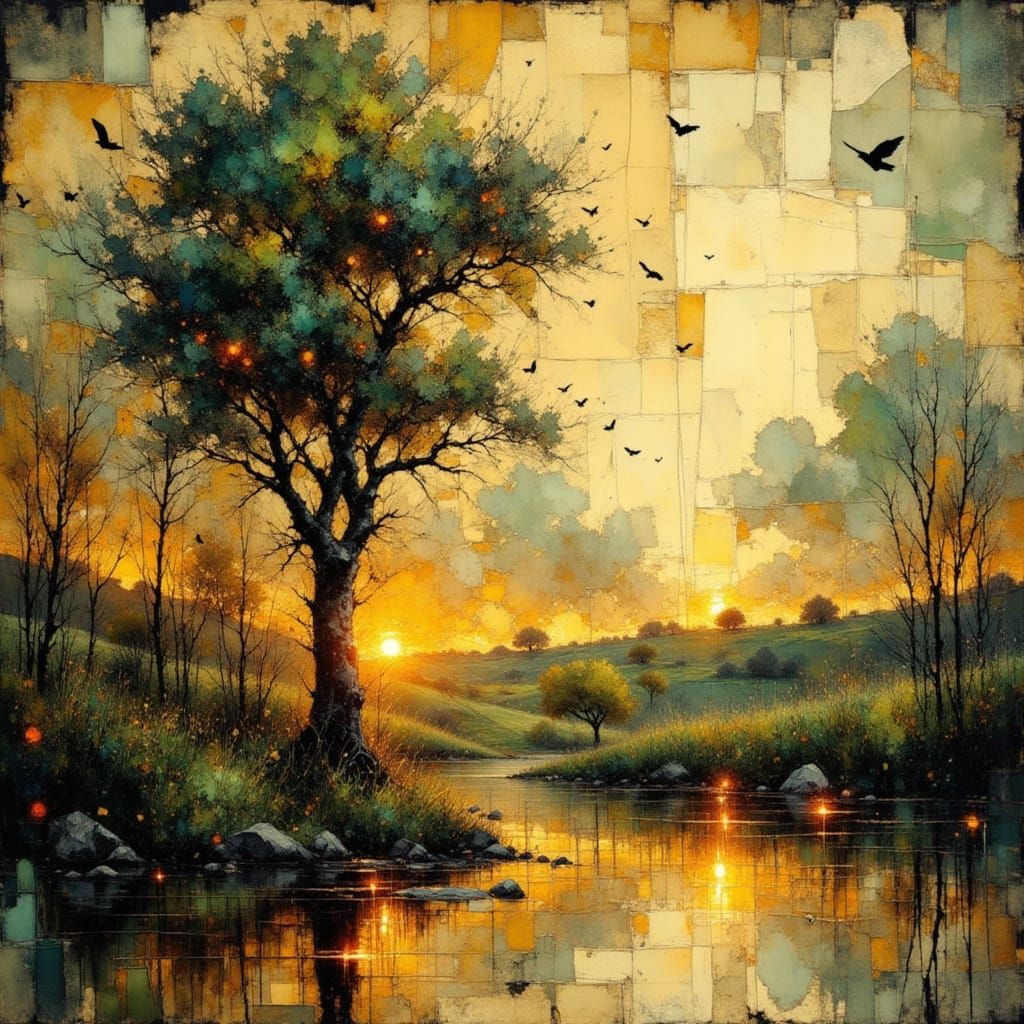 Vibrant Landscape with Oil, Watercolor, and Ink