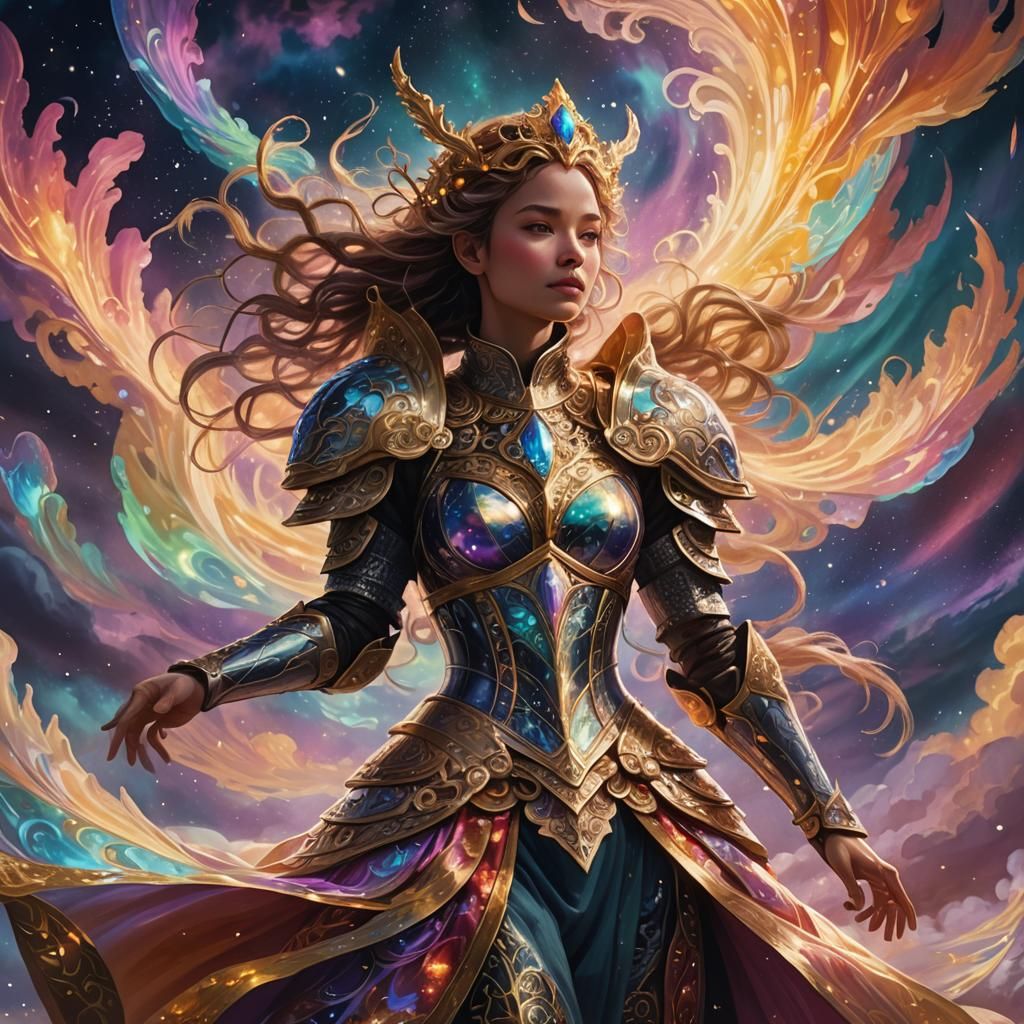 Ethereal Figure Amidst Aurora Lights in Fantasy Style