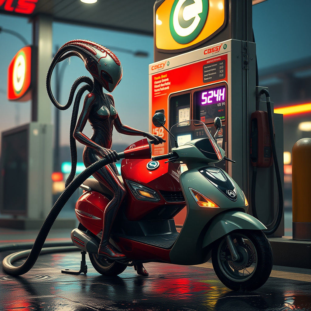 Alien Refuels Scooter at Gas Station: Detailed Matte Paintin...
