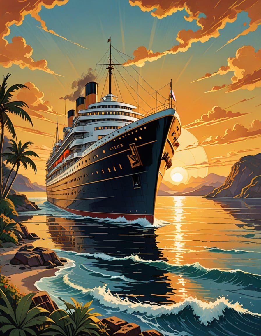1930s Steampunk Cruise Ship Travel Poster