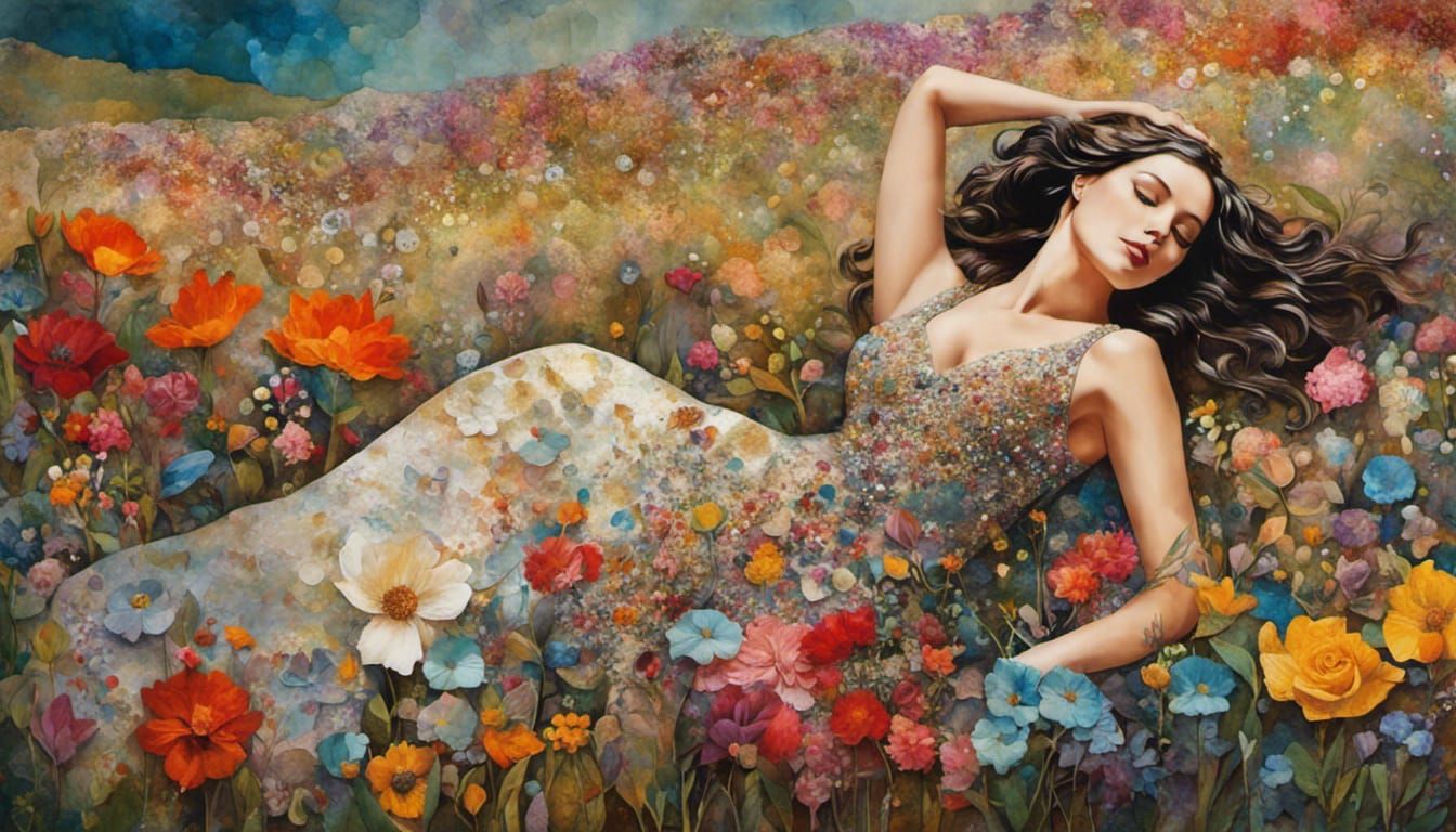 Woman in Colorful Flower Meadow Collage