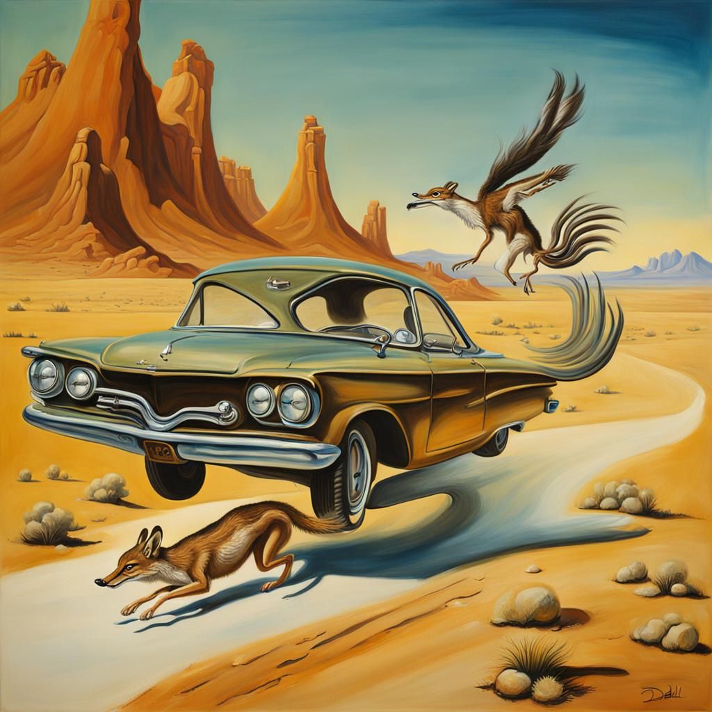Roadrunner and Coyote in Surreal Action Scene