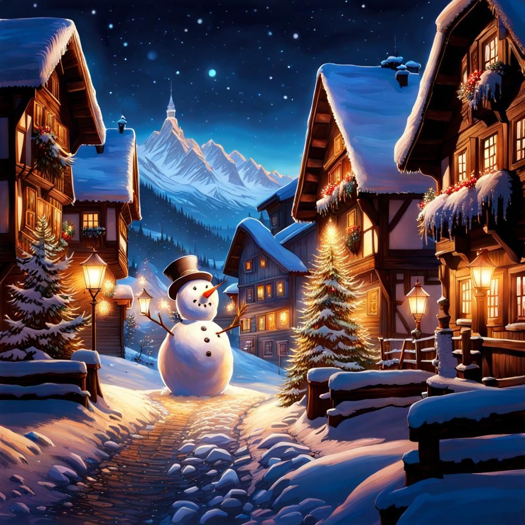 Snowman in Swiss Alps Town: Fantasy Art