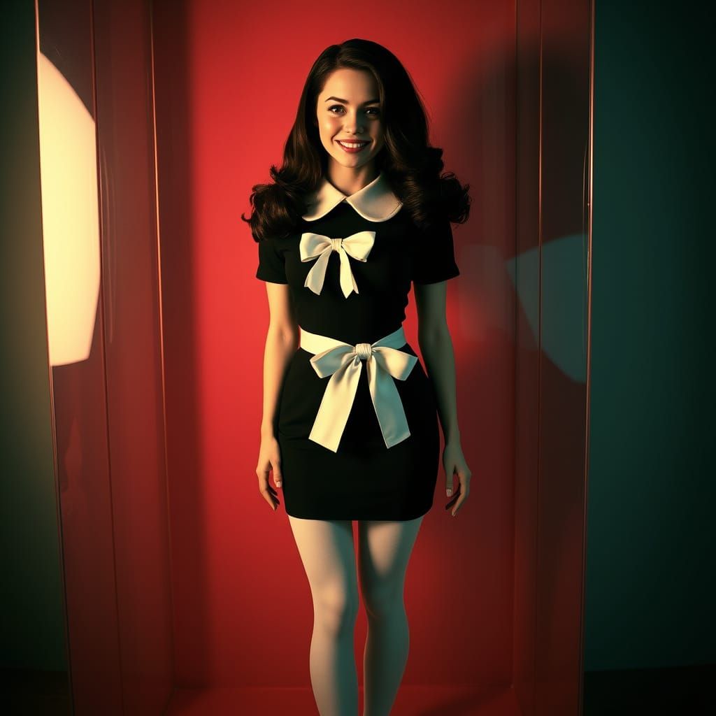 Glamorous Dark-Haired Woman in Oversized Barbie Doll Package