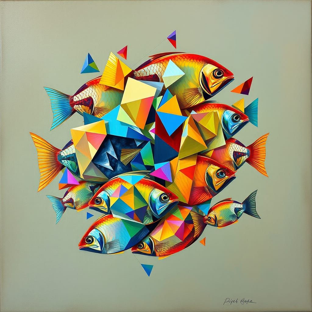 Surreal Cubist School of Fish in Iridescent Geometric Shards