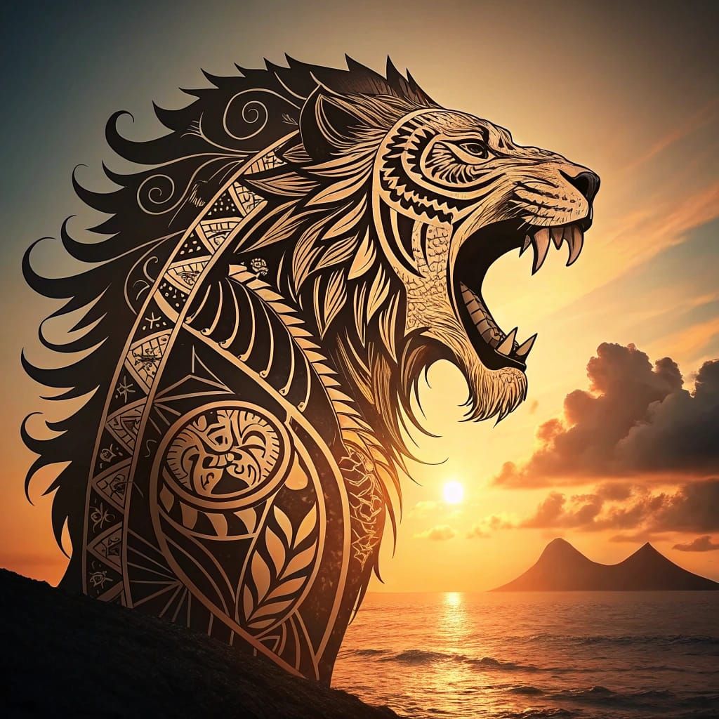 Polynesian Lion Tattoo Design with Setting Sun