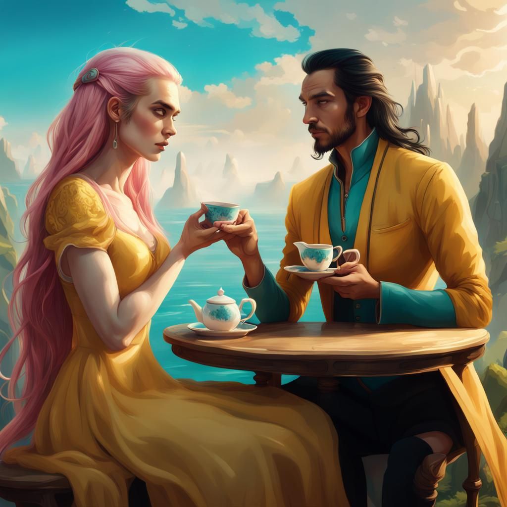 Woman and Man Drinking Tea: Dreamcore Fantasycore