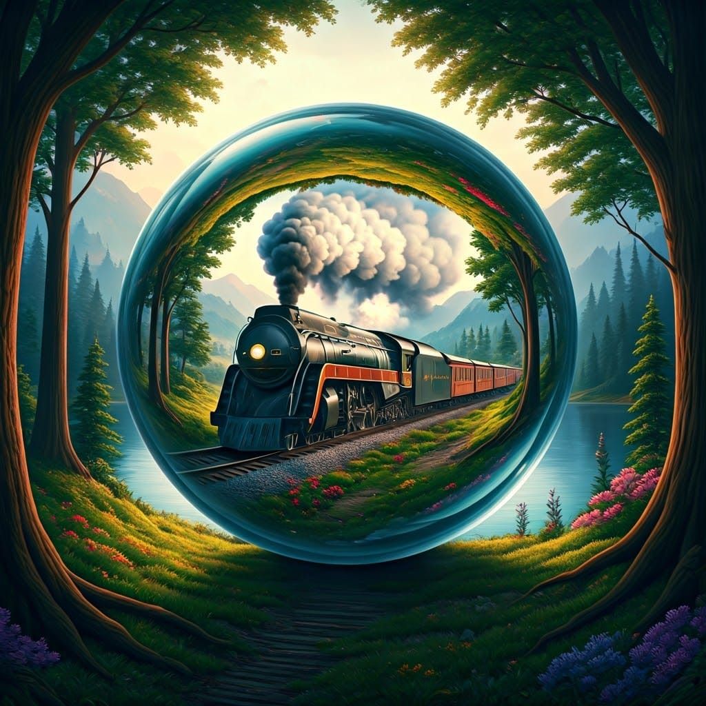 Steam Train Landscape Reflected in Glass Orb