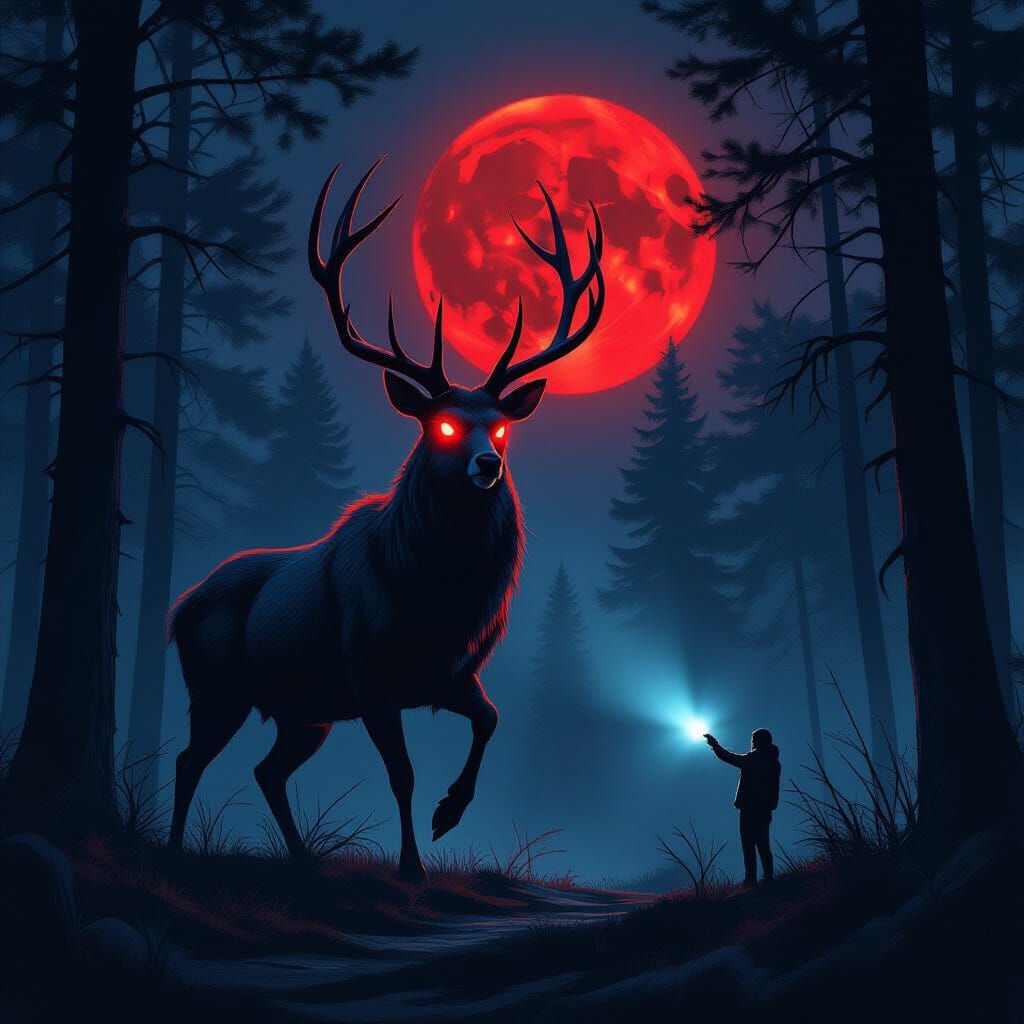 Monstrous Deer with Red Moon in Dark Forest