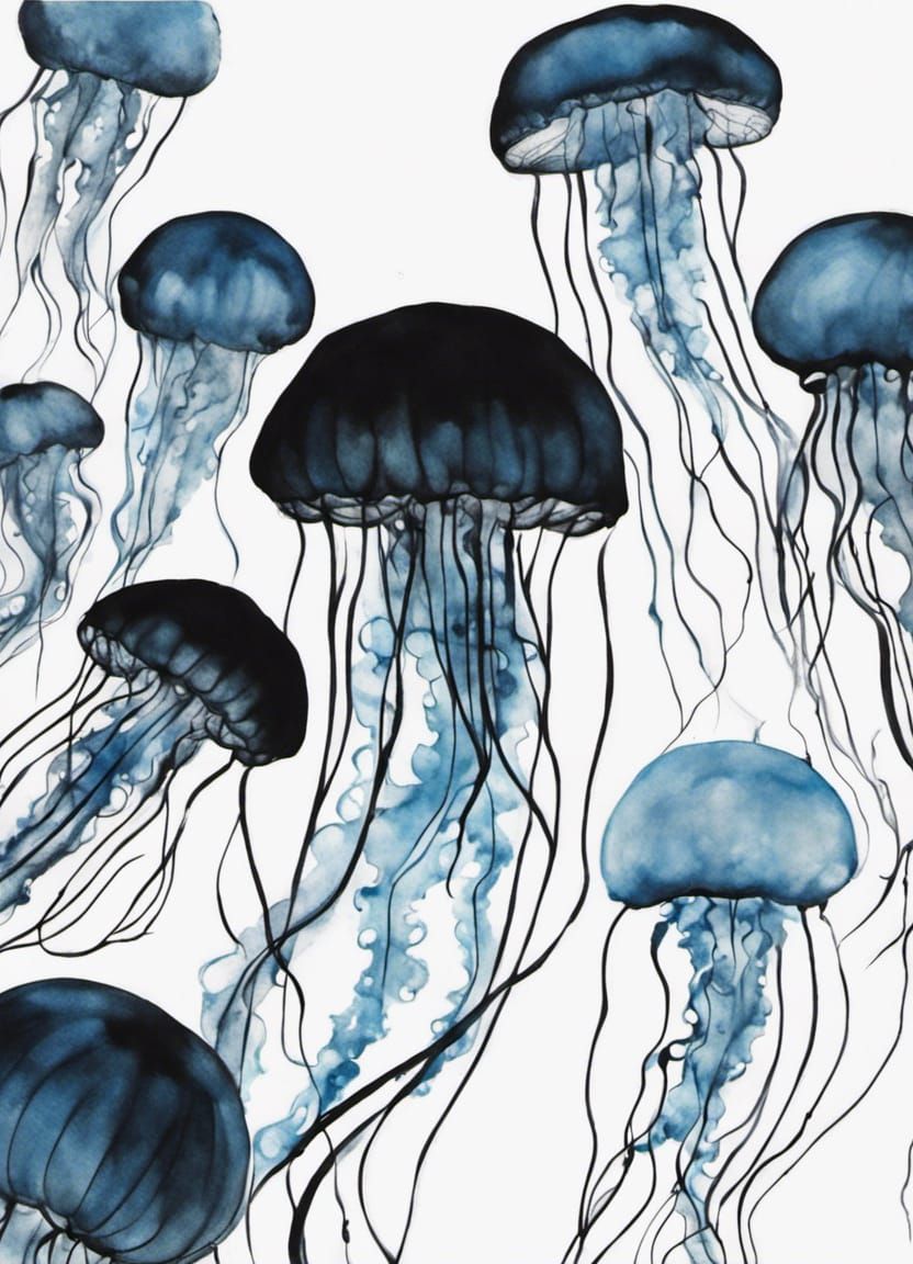 Jellyfish Bloom in Black and White Ink