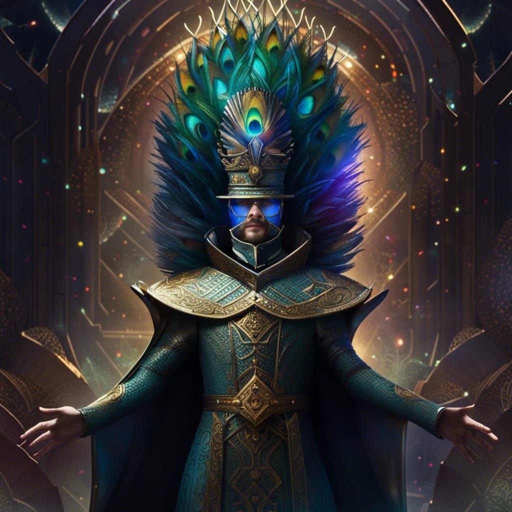 Medieval King in Futuristic World with Peacock Feathers