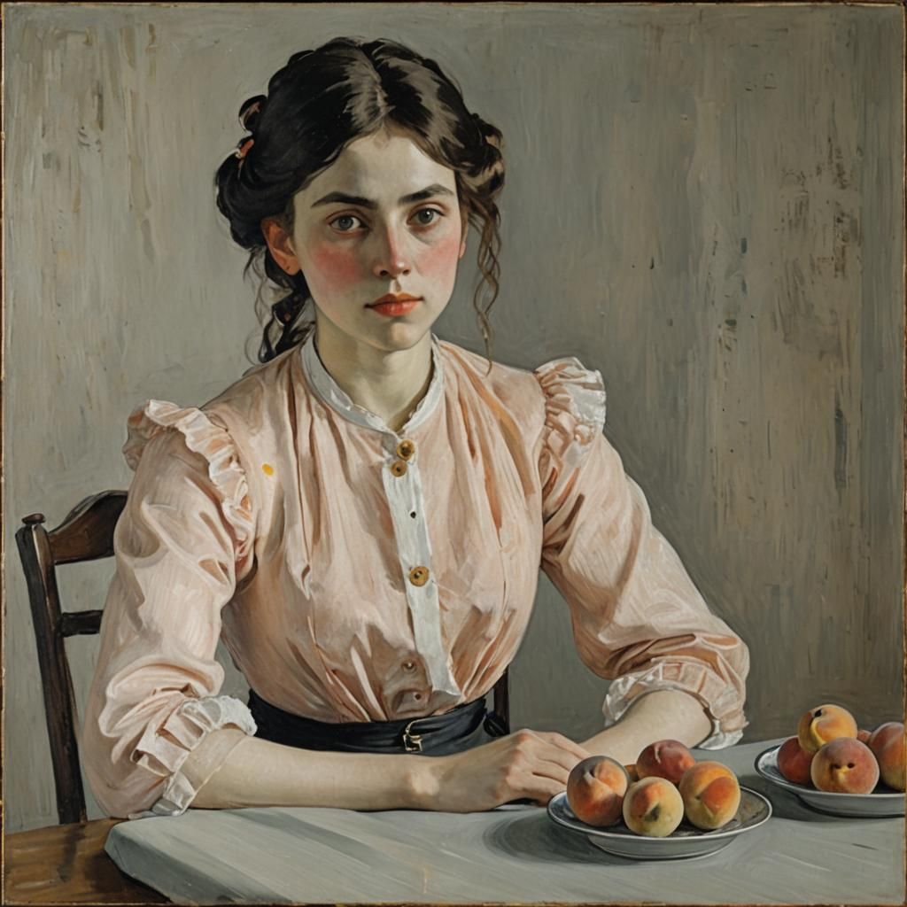 Girl with Peaches Portrait in Realistic Style