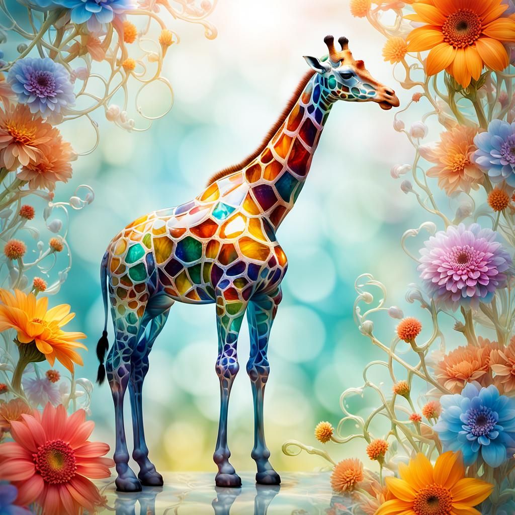 Enameled Glass Giraffe with Fractal Flowers