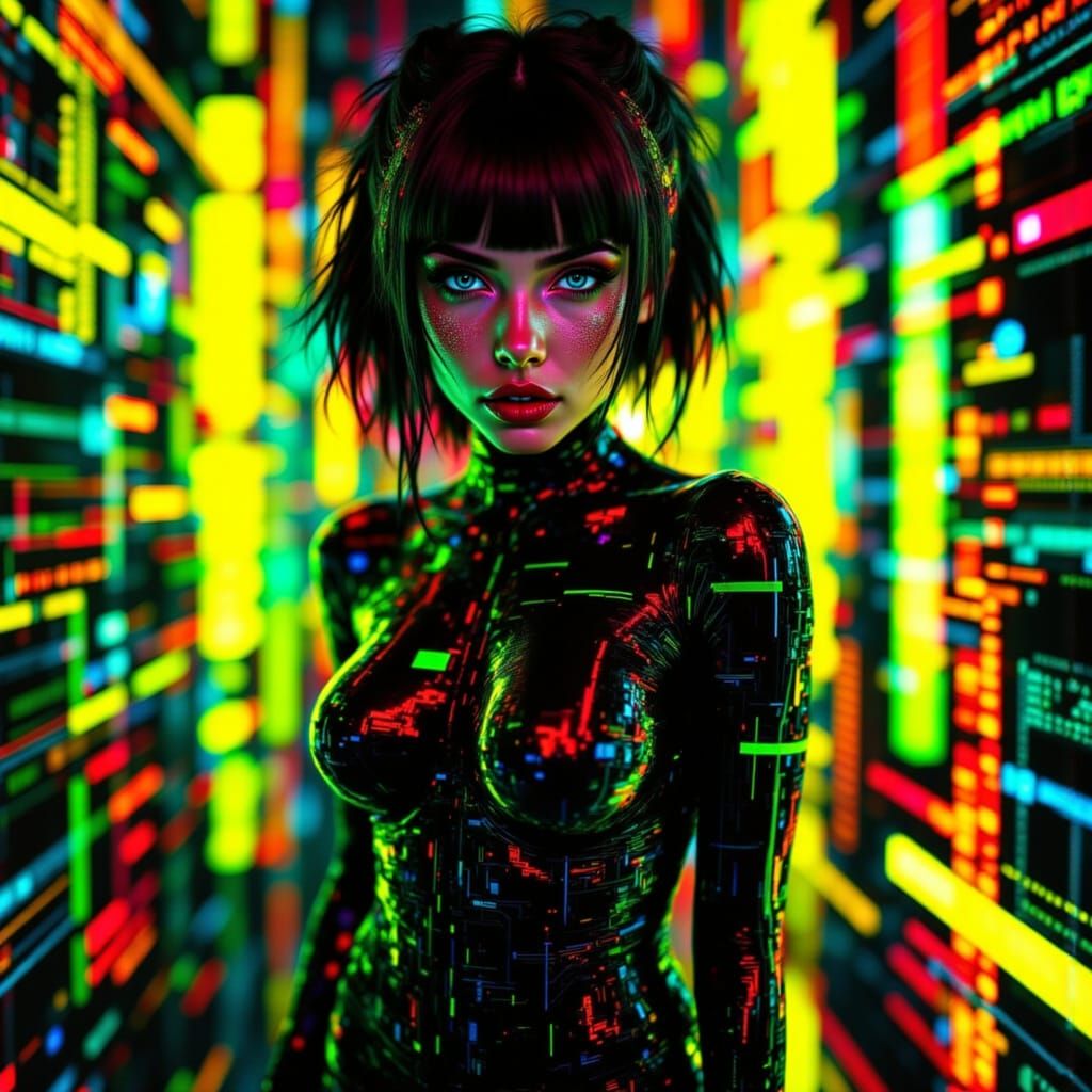 Busty Model in Glitchcore Cyberpunk Style