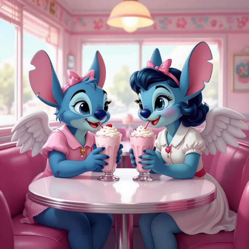 Stitch and Angel Share a Milkshake in 50s Diner