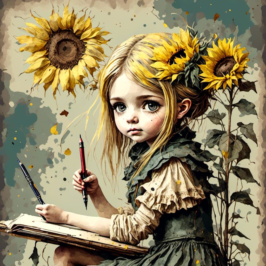 Cute Digital Girl in Sunflower, Watercolor Impasto Style