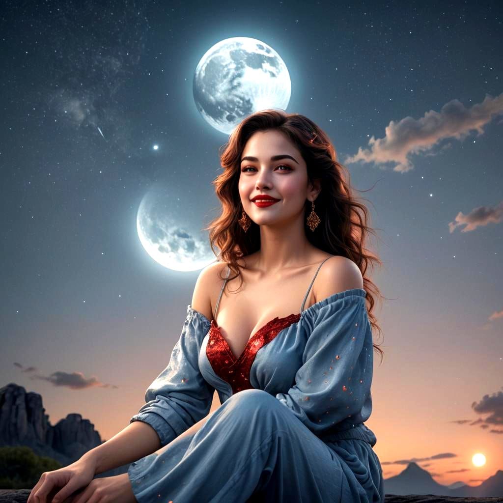 Beautiful Woman with Blue Moon Smile, Digital Painting