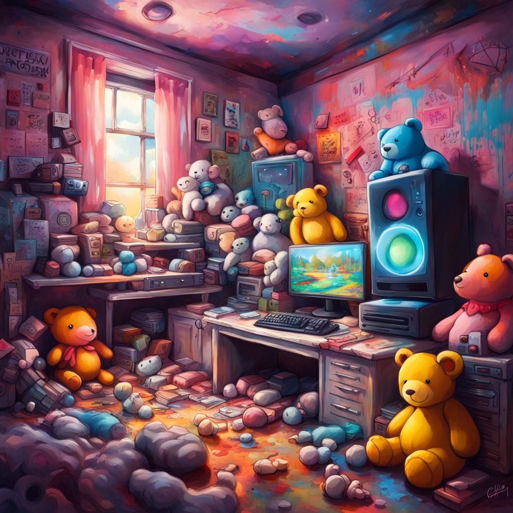 Colorful Graffiti Gaming Room with Stuffed Animals
