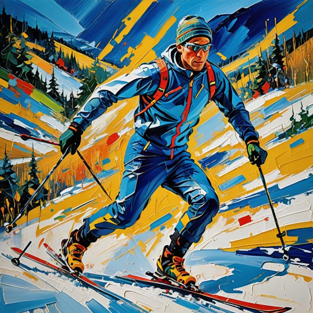 Expressionist Cross-Country Skier in Snowy Blue Valley