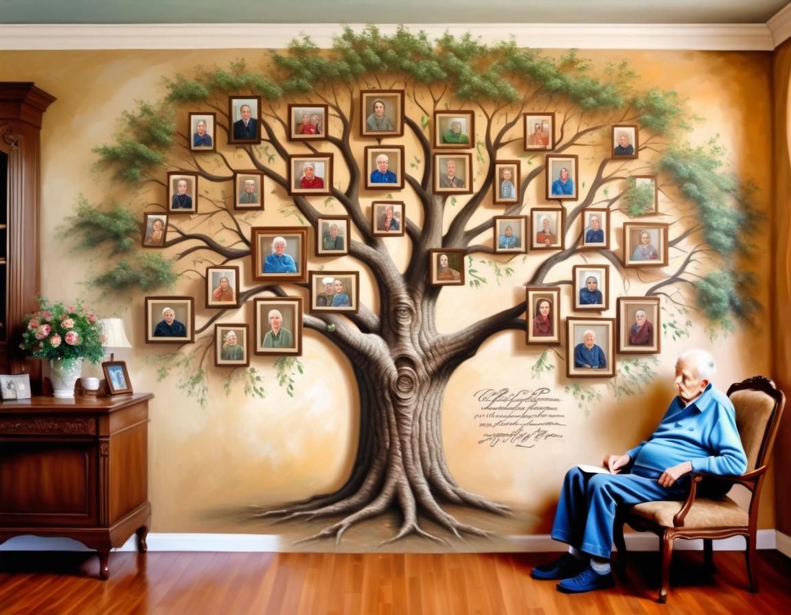 masterpiece oil painting, large family tree painted on wall of home, very elderly man adding names to the family tree
