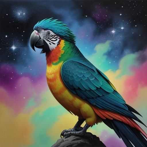 Cosmic Parrot Portrait in Colorful Ink Wash Painting