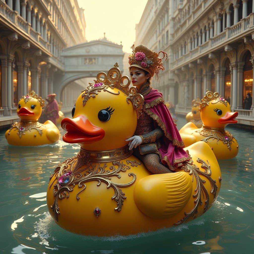 Golden Rubber Ducks Ride Majestically Through Venice Canals