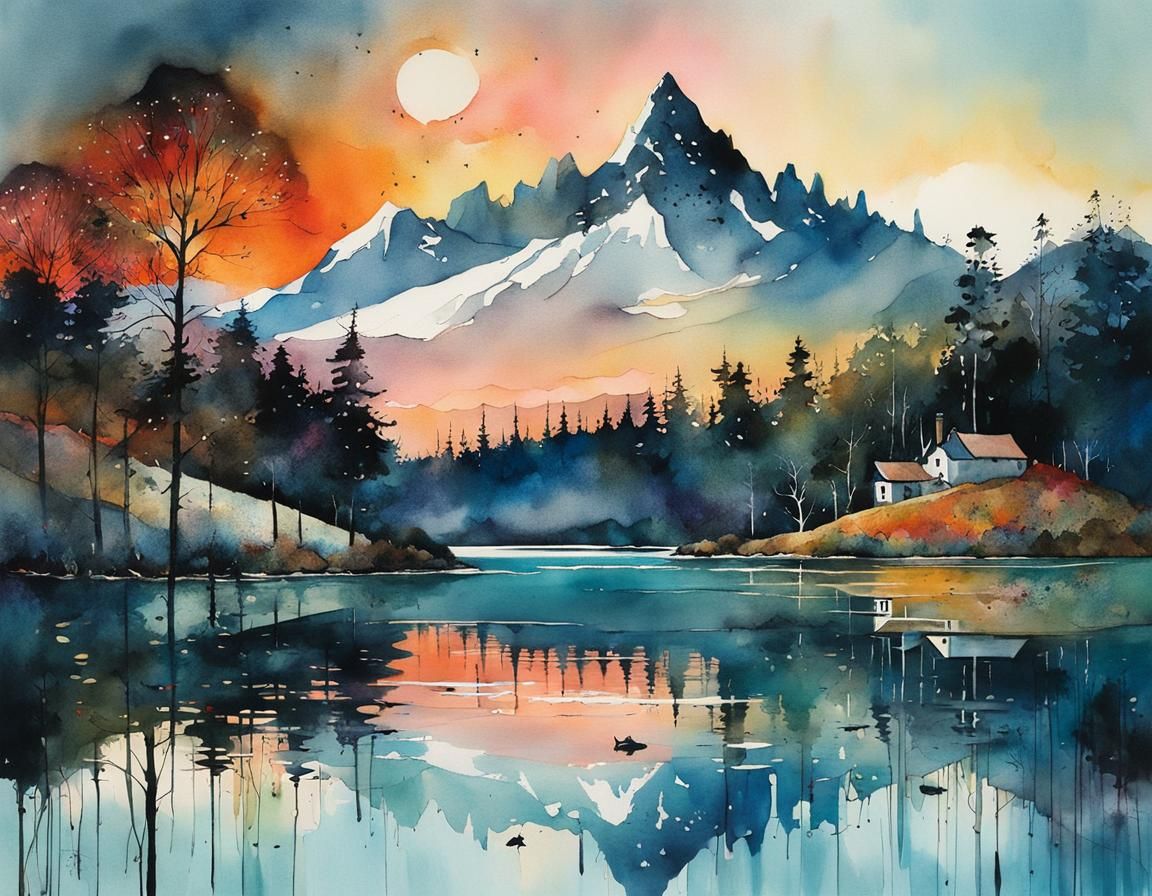 Magical Dawn Over Mountain Lake, Whimsical Illustration