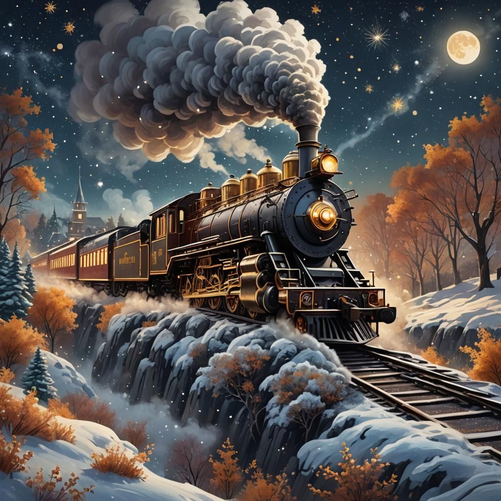 Magical Steam Locomotive Flying Through Starry Sky