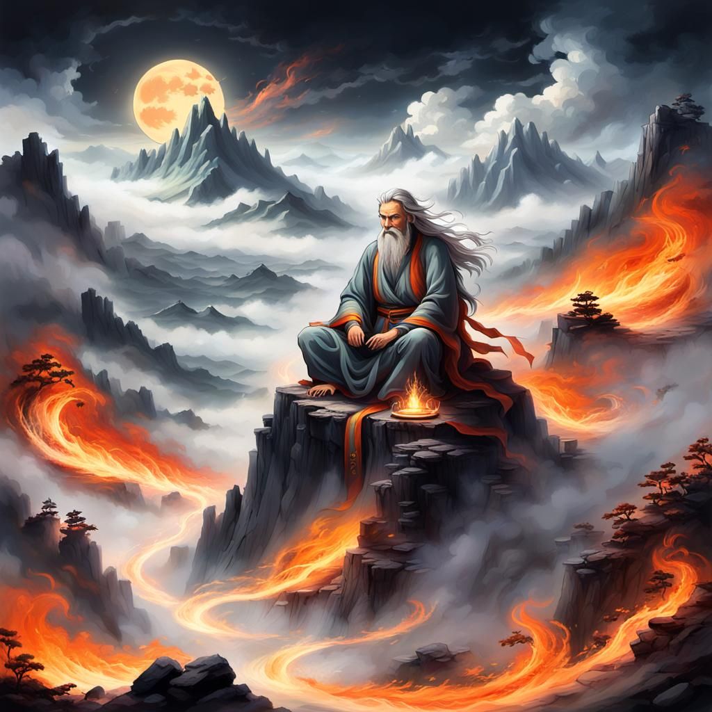 Mystical Sage Ignites Fiery Calligraphy in Digital Painting