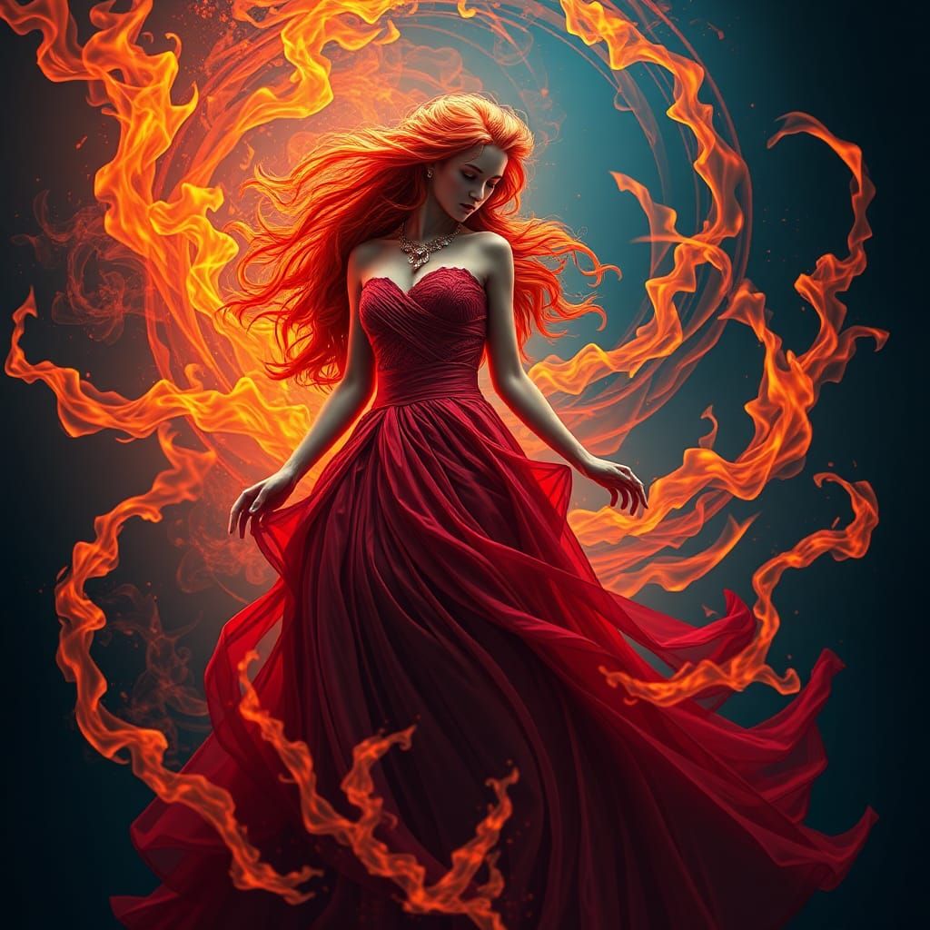 Fiery Redhead in Flowing Dress, Digital Art