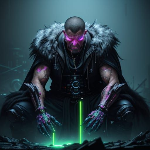 Cyberpunk Four-Armed Monk in Neon-Clad Chaos