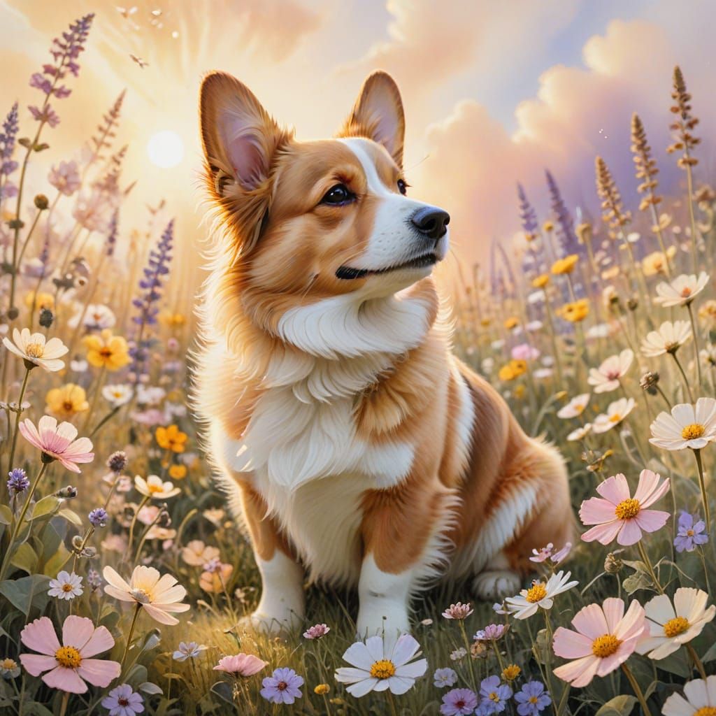 Watercolor Butterfly and Corgi in Flower Field