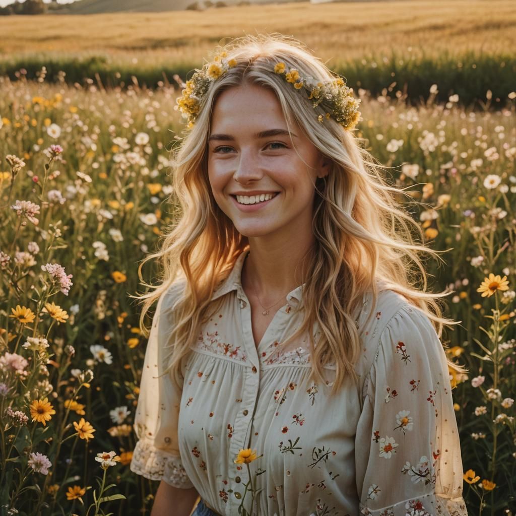 Golden Hour: Woman Smiling in Wildflower Field