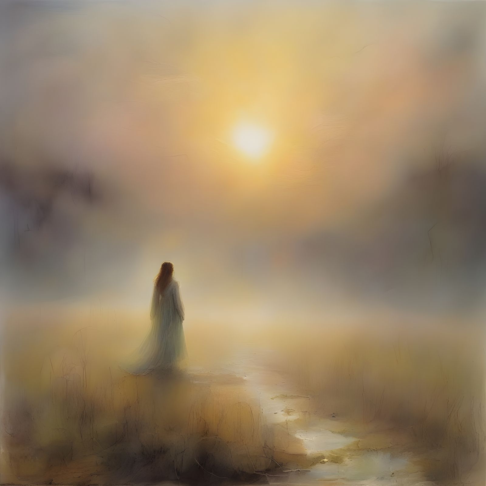 Ethereal Woman in Pastel Mist: Surreal Dreamscape