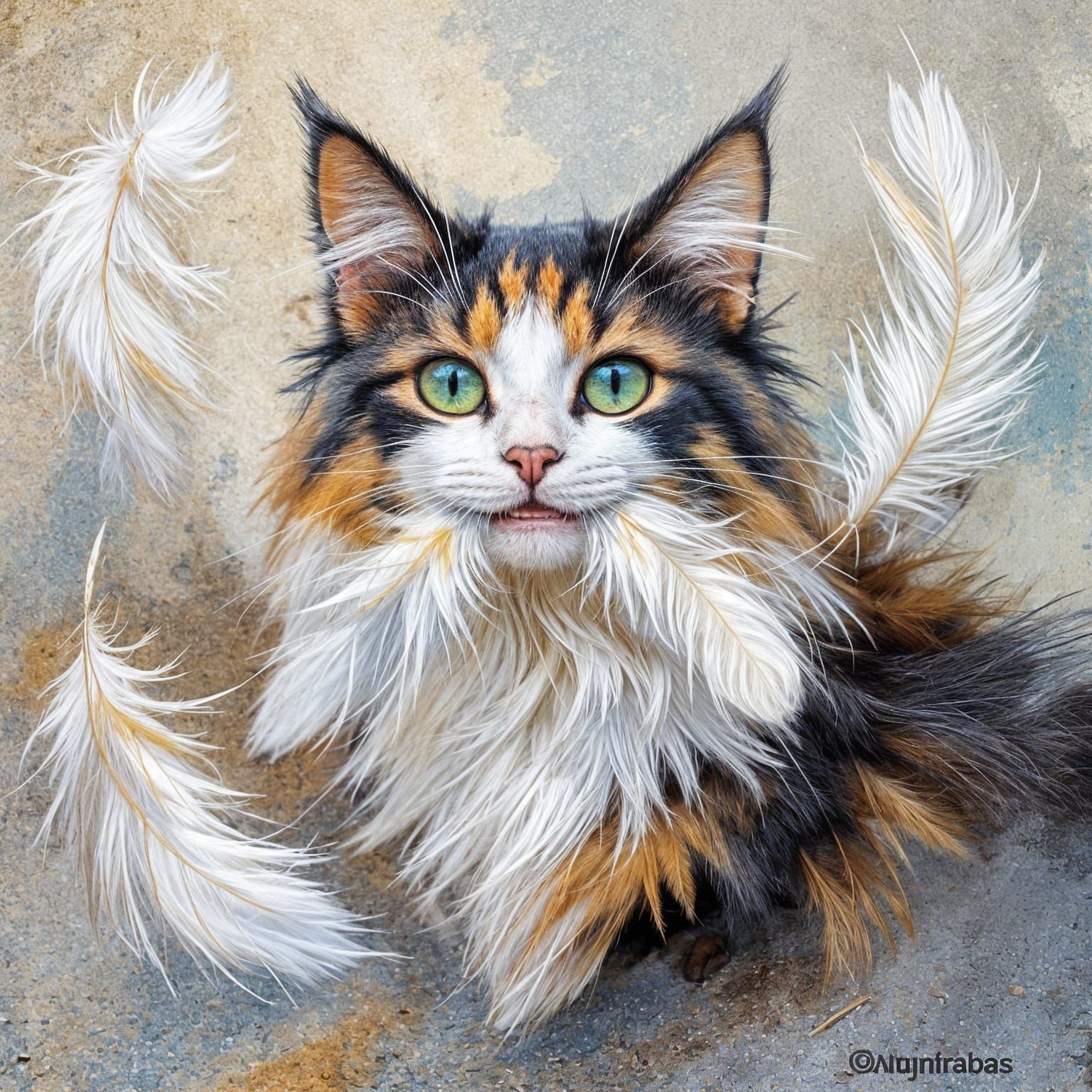 Cat with Feathers in Impressionistic Style