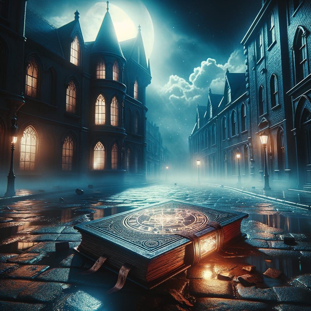 Mysterious Open Book on Wet Cobblestone Street